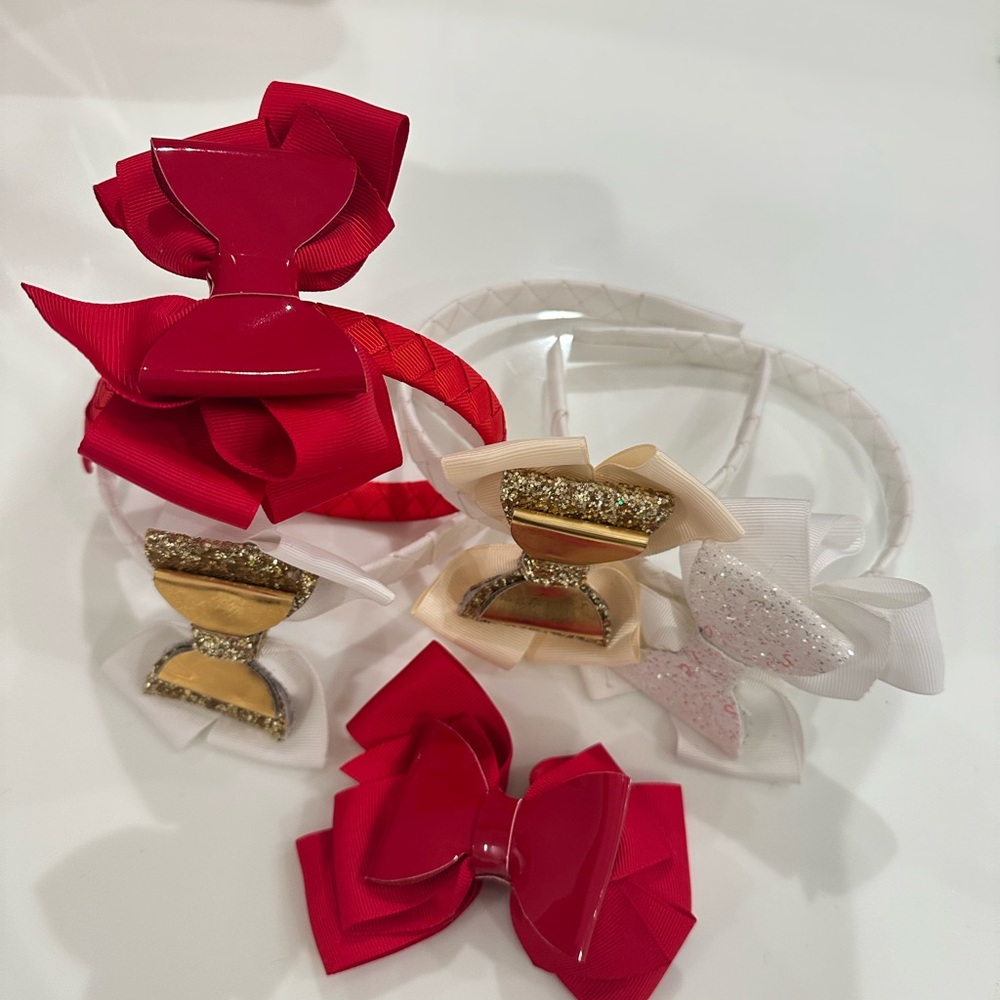 Elegant Kids Hair Bow Set - Red, Gold, and White